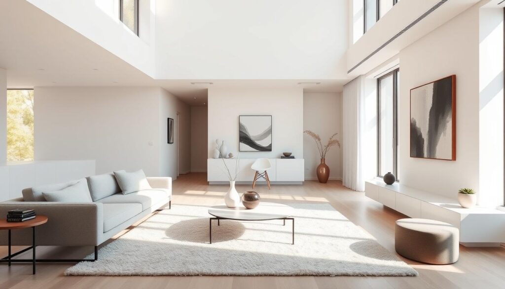 A minimalist, modern apartment with sleek lines, clean surfaces, and a neutral color palette. The space is flooded with natural light from large windows, casting a warm glow throughout. Minimal furniture, such as a low-profile sofa and minimalist coffee table, sit atop a plush area rug. Accent pieces, like a sculptural vase and abstract wall art, add subtle pops of texture and interest. The overall atmosphere is one of understated elegance and tranquility, reflecting a refined and sophisticated design aesthetic.