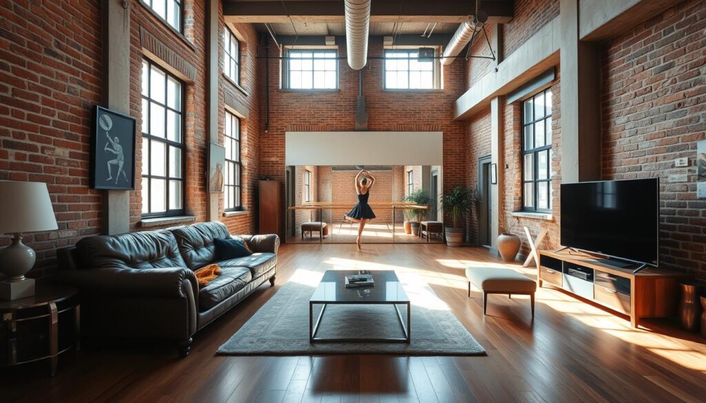 A spacious, industrial-style apartment showcasing Michał Piróg's passion for dance. Exposed brick walls, metal and concrete accents create a minimalist, loft-like ambiance. Natural light streams through large windows, casting a warm glow on the hardwood floors. In the center, a dance studio-inspired space with a ballet barre and mirror-covered wall, allowing Michał to practice his craft. Eclectic furnishings, including a vintage leather sofa and a sleek, modern coffee table, tie the room together. The overall aesthetic is a harmonious blend of raw, urban elements and refined, artistic touches, reflecting Michał's multifaceted personality.