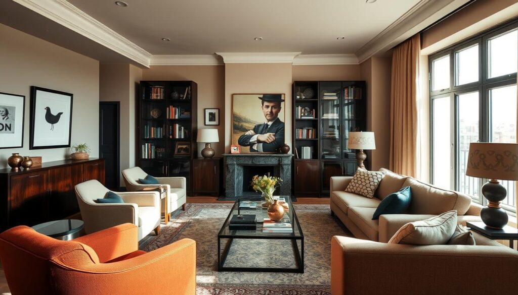 A stylish apartment in the heart of Warsaw, capturing the essence of Jan Englert's refined and sophisticated lifestyle. The scene showcases his living room, bathed in warm, natural light filtering through large windows. Plush armchairs and a sleek, modern sofa invite relaxation, while bookshelves and display cabinets reveal his eclectic tastes and love for the arts. Subtle artwork and carefully curated decorative pieces add depth and character to the space, reflecting his discerning eye for design. The overall atmosphere exudes a sense of understated elegance, perfectly complementing the renowned actor's persona and providing a glimpse into his cherished personal sanctuary.
